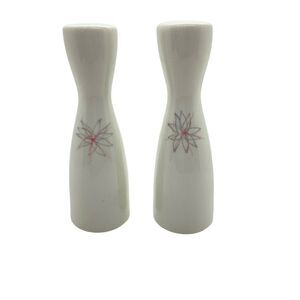 Mid Century Salt Pepper Atomic Floral Shakers Vintage White Gray Pink Porcelain